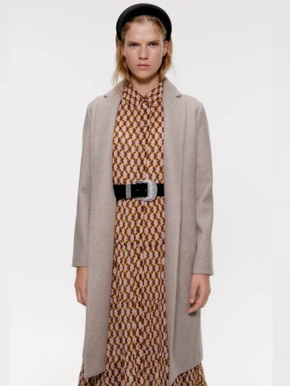 Zara Long Lapel Coat Oatmeal Beige Open Front Minimalist Coat Size M